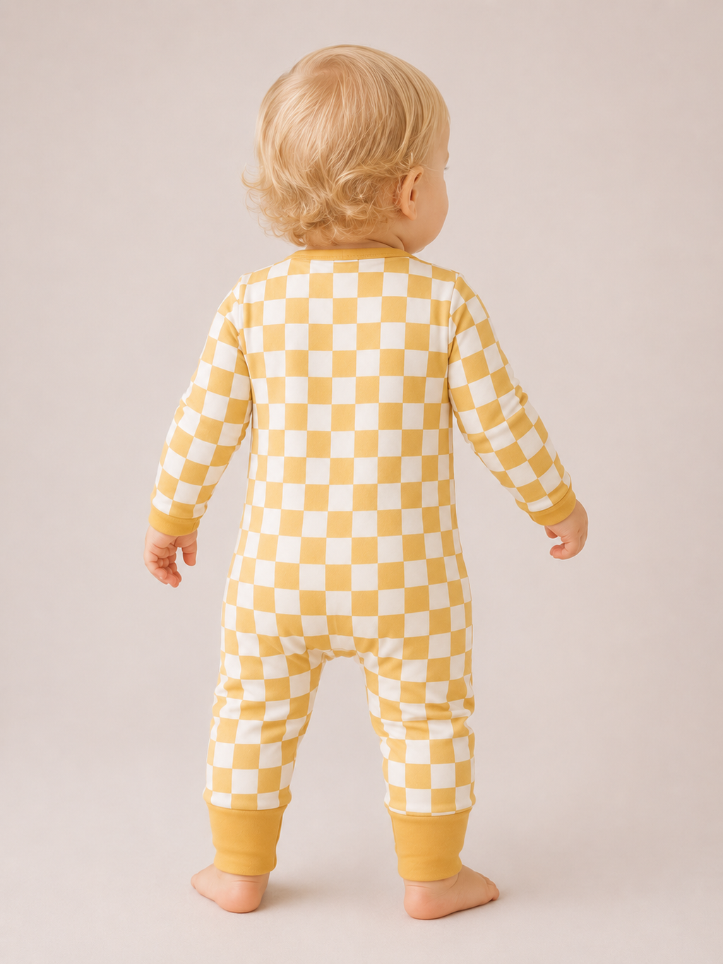 Milo & Mae zip-romper, geel geblokt, achterkant