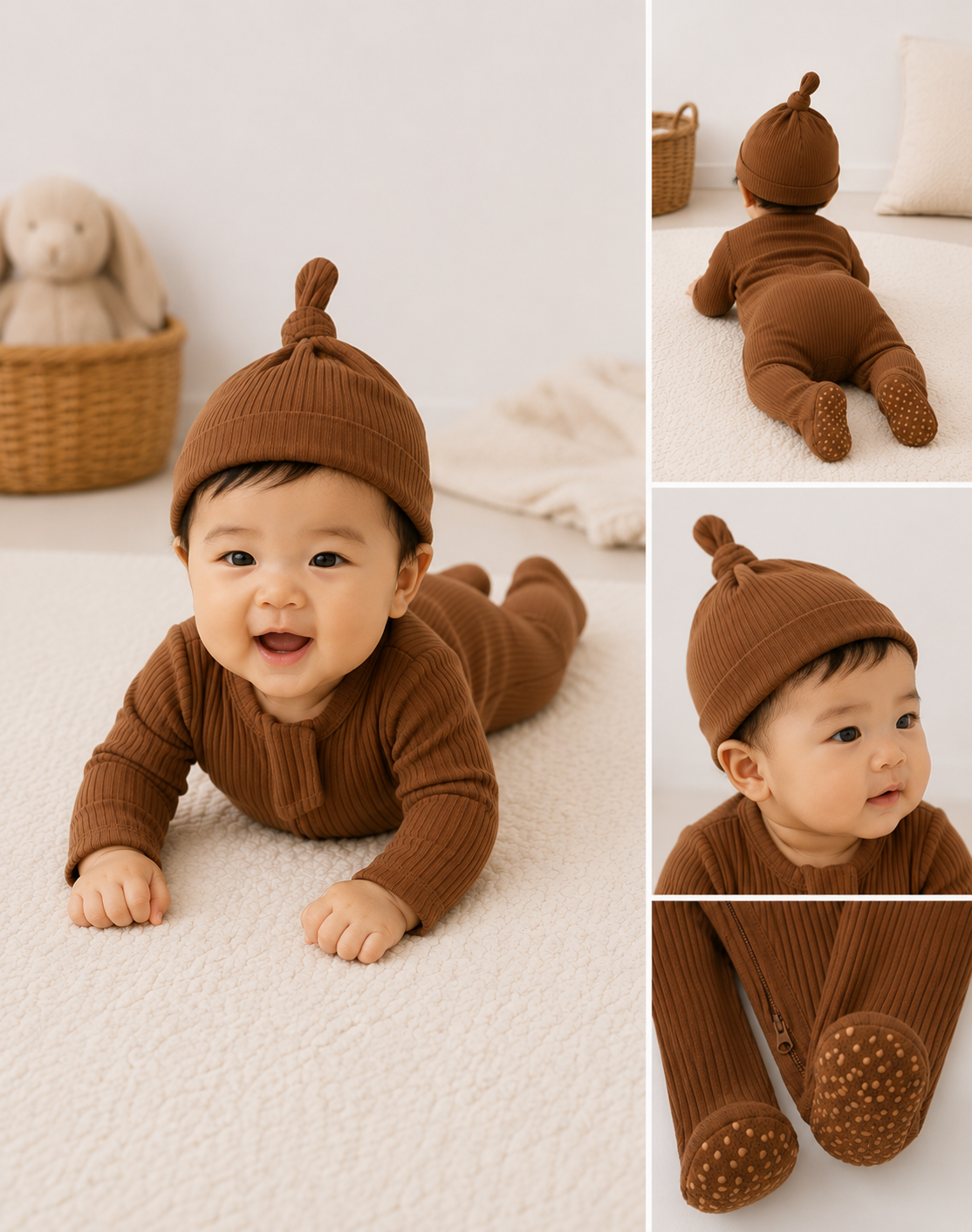 Set: Zip-romper & mutsje — Chocoladebruin