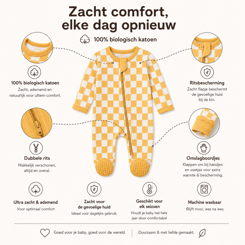 Detail Milo & Mae zip-romper, geel geblokt