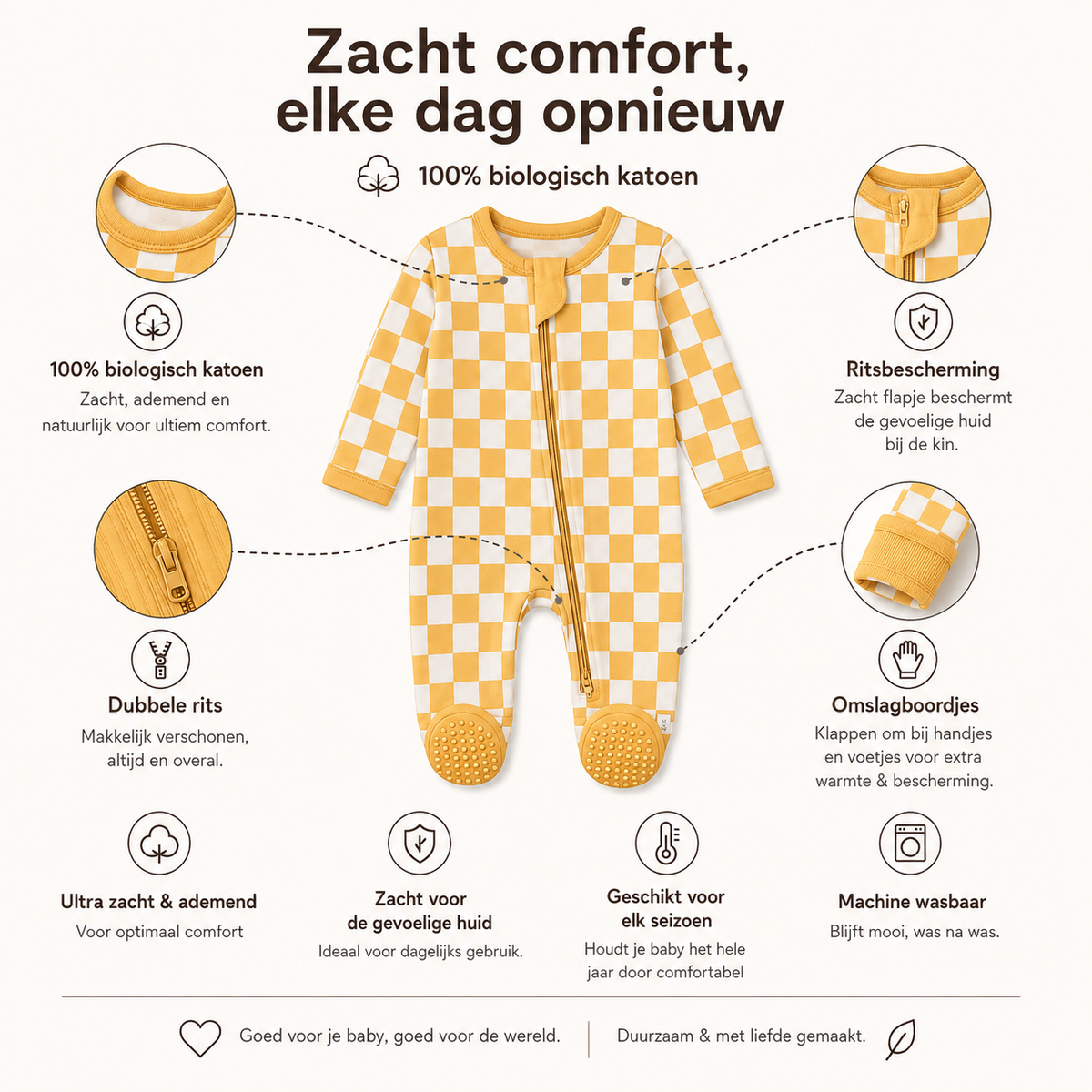 Detail Milo & Mae zip-romper, geel geblokt