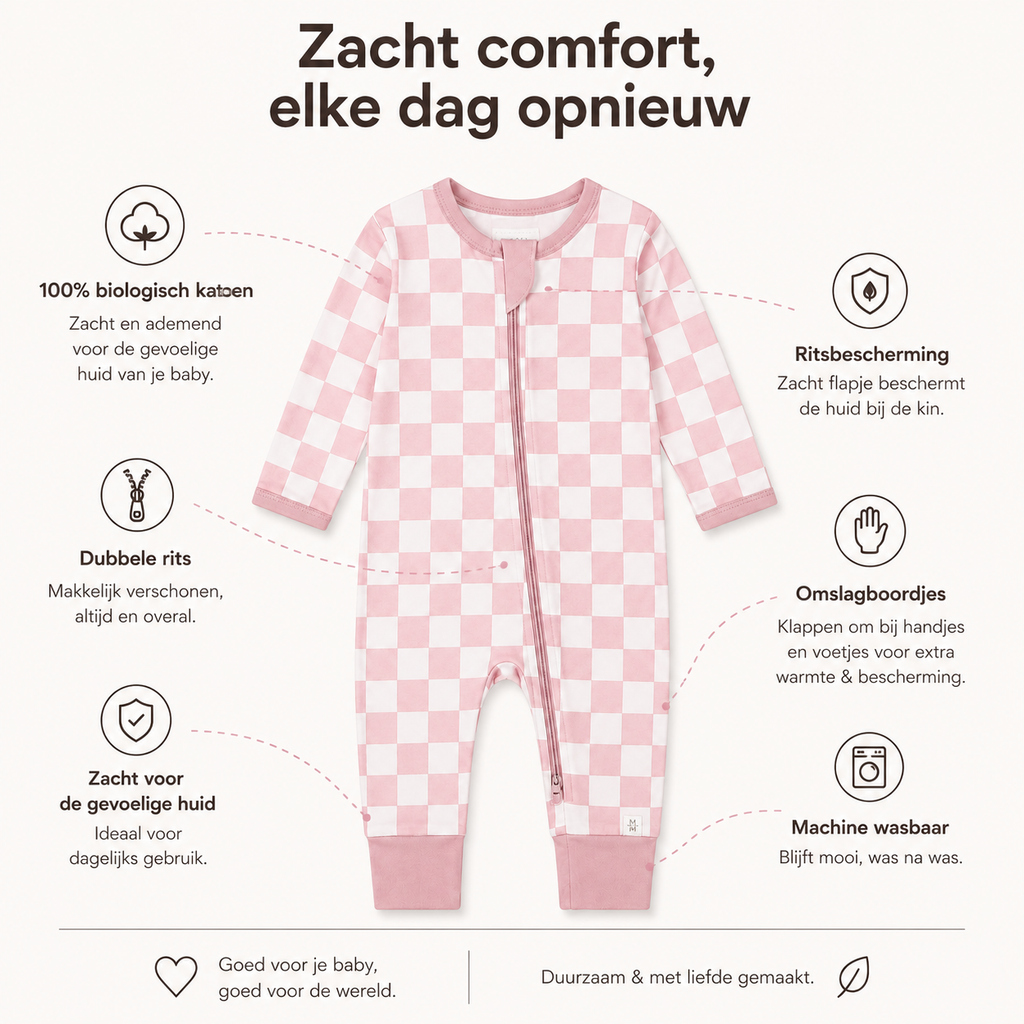 Detail Milo & Mae zip-romper, roze geblokt