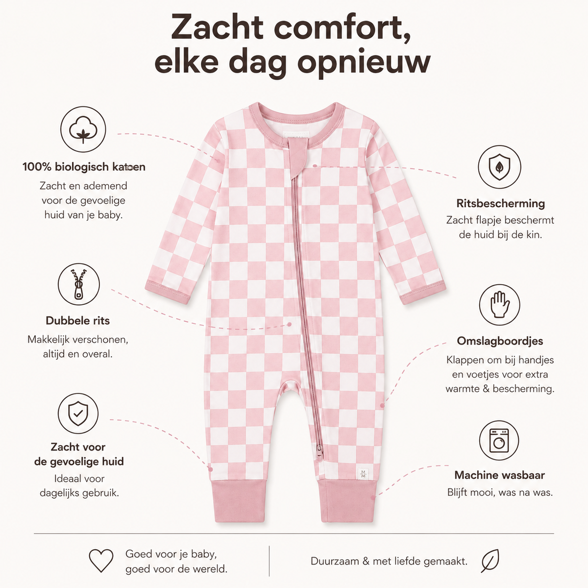 Detail Milo & Mae zip-romper, roze geblokt