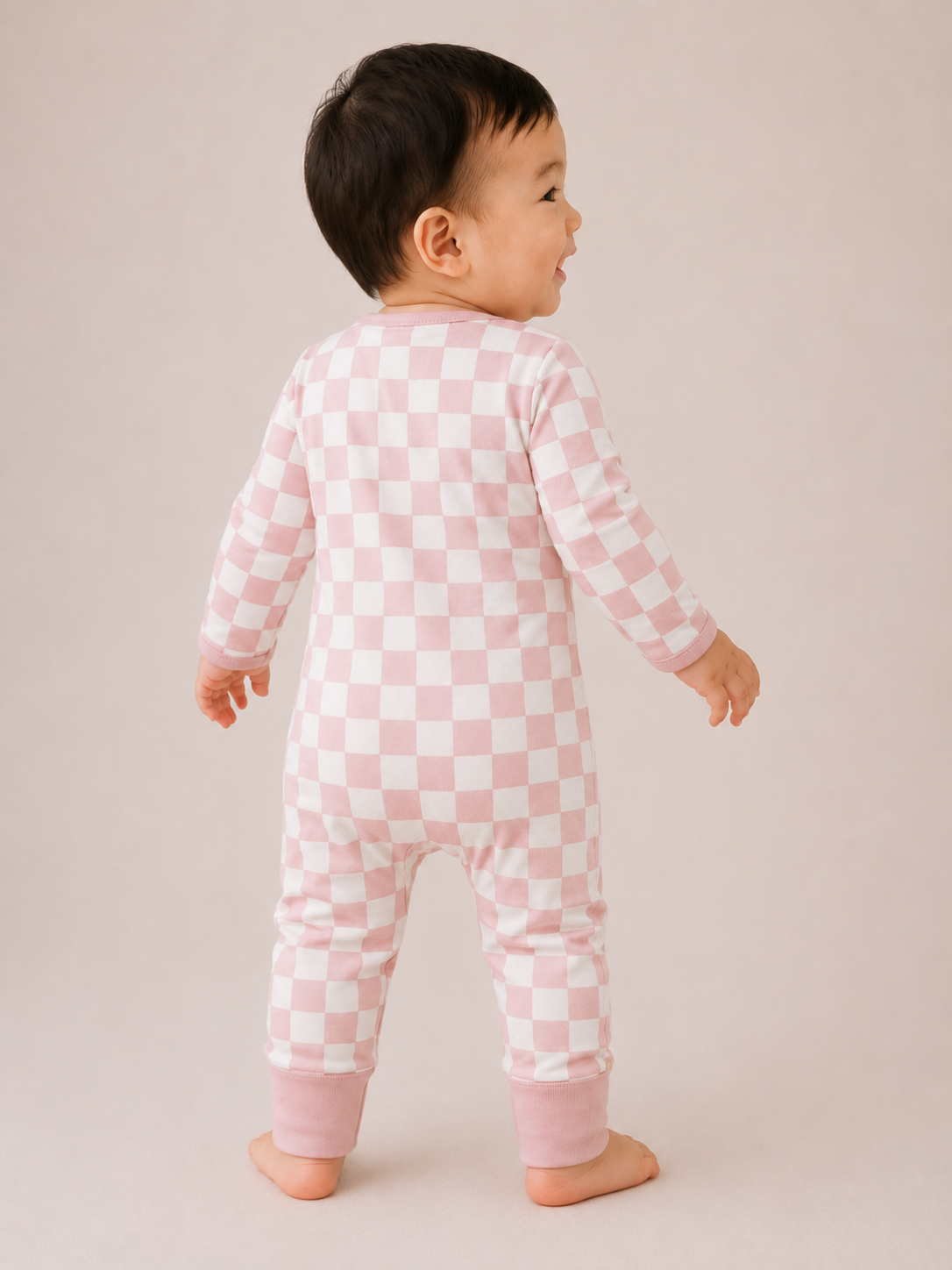 Milo & Mae zip-romper, roze geblokt, achterkant