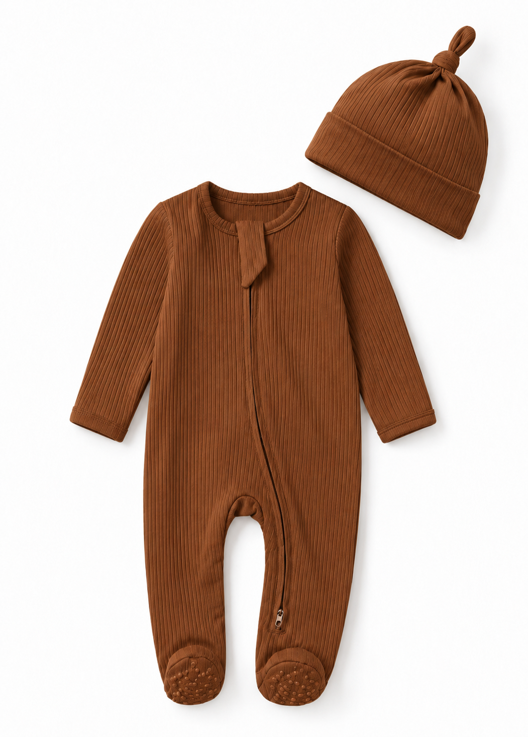 Set: Milo & Mae zip-romper en mutsje, chocoladebruin