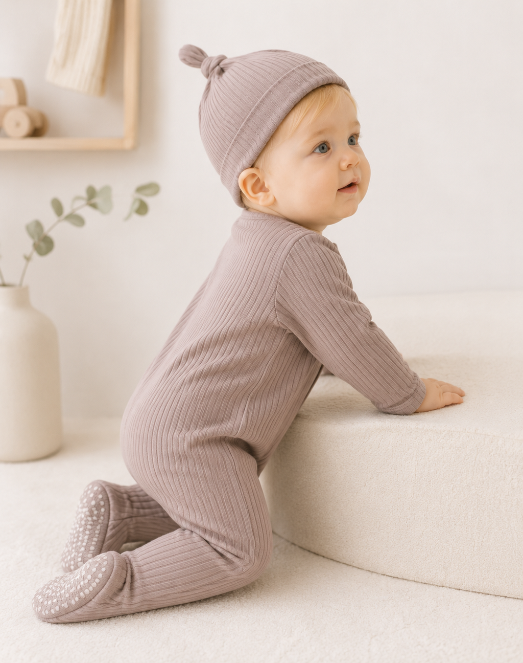 Baby in Milo & Mae set, taupe