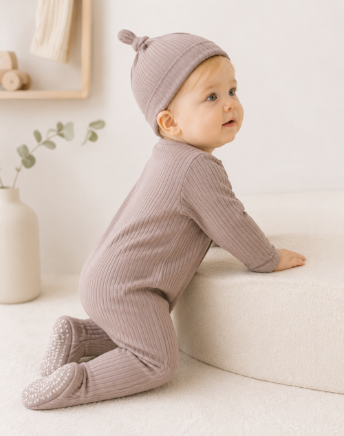 Baby in Milo & Mae set, taupe