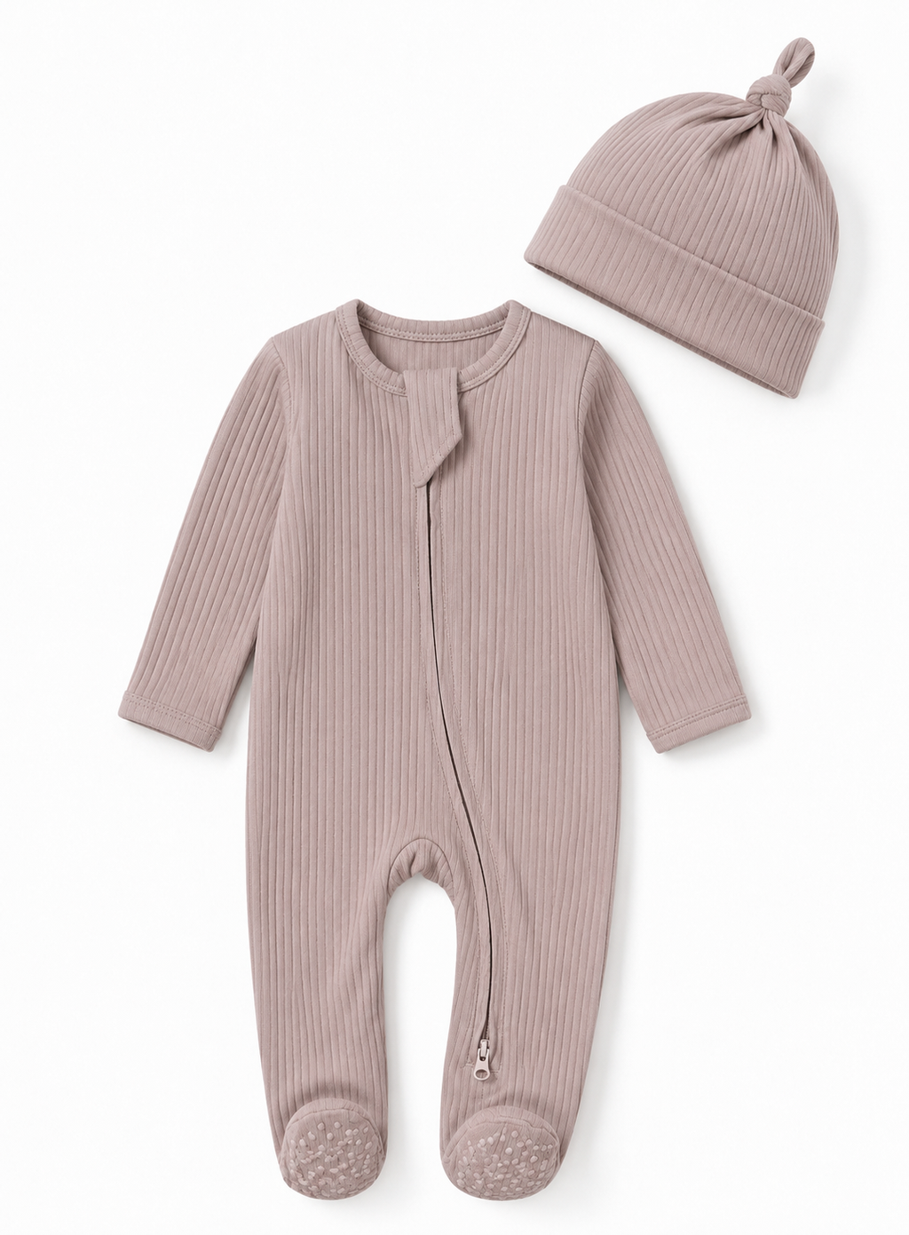 Set: Milo & Mae zip-romper en mutsje, taupe