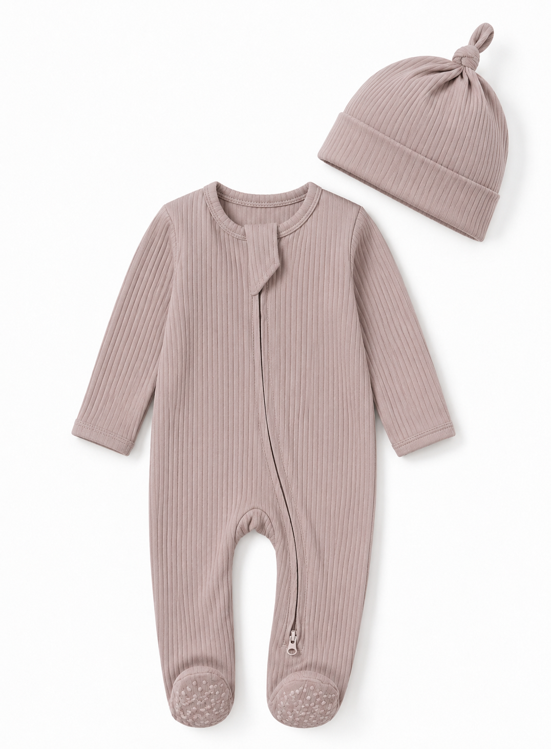 Set: Milo & Mae zip-romper en mutsje, taupe