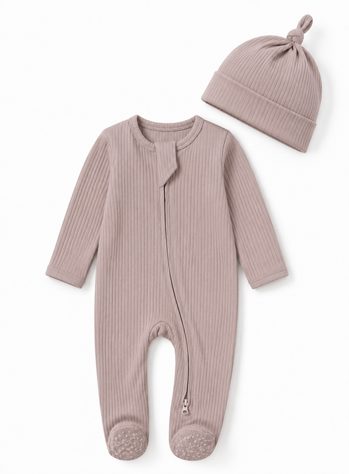 Set: Milo & Mae zip-romper en mutsje, taupe